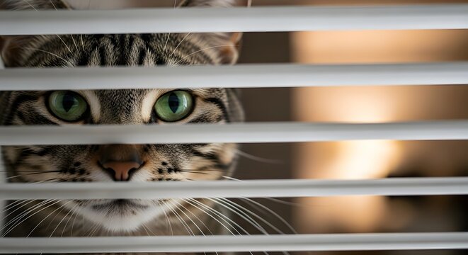 A tabby cat peers through white blinds, its green eyes focused.