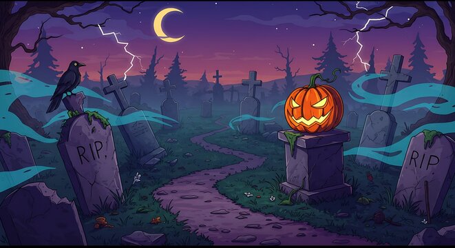 A spooky graveyard scene featuring a glowing jack-o'-lantern, a crow, and tombstones under a moonlit sky.