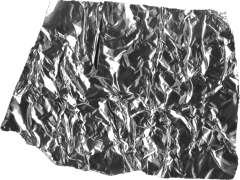Crinkled aluminum foil texture with reflective highlights, perfect for food packaging, abstract backgrounds, and creative designs