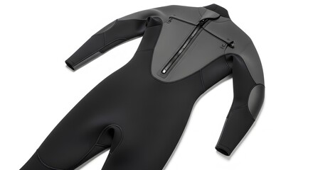 Neoprene Wetsuit Display: An angled perspective reveals the sleek design of a neoprene wetsuit, showcasing its zipper closure and the form-fitting silhouette designed for watersports.