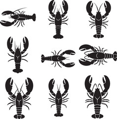 Collection of Black Lobster Silhouettes in Various Poses on White Background Keywords: lobster, seafood, crustacean, shellfish, marine life, sea creature, aquatic animal