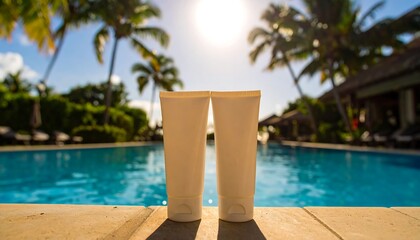 Naklejka premium Two tubes of sunscreen by a pool