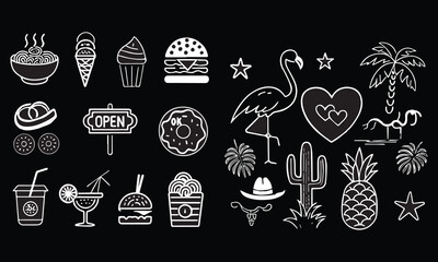 Neon Icons of Music, Party Vibes, Tropical Fun & Food Signs

