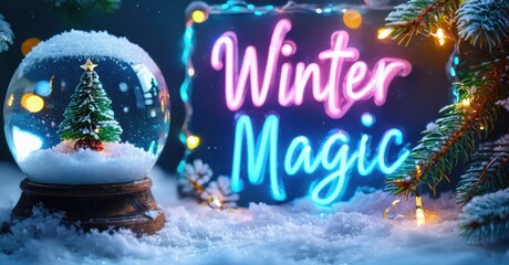Snow globe displays miniature evergreen tree. Bright neon sign reads Winter Magic. Festive scene evokes holiday spirit, winter wonderland.