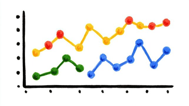 Handdrawn line graph with three colorful data lines showing trends over time, isolated on a white background.
