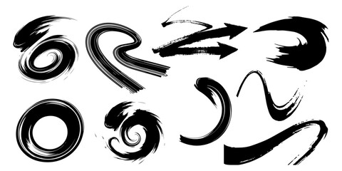 Dynamic collection of abstract black ink brush strokes, swirls and arrows, perfect for modern graphic design, calligraphy accents, backgrounds, decorative.