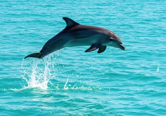 Fototapeta premium A playful dolphin leaps gracefully out of the turquoise water, showcasing its powerful form against a vibrant backdrop.