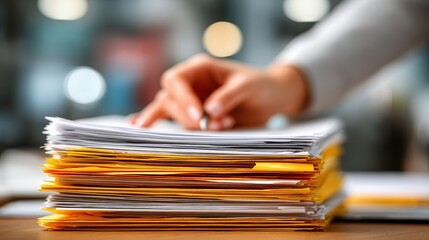 Stack of files on a wooden desk with person reviewing documents, checking papers and writing in an office at daytime