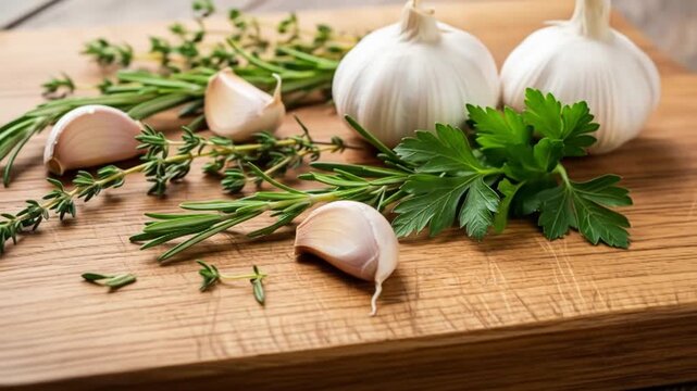 Fresh garlic and herbs on a wooden board