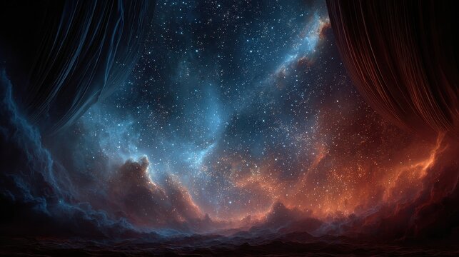 Vibrant cosmic cloudscape with nebulous formations displays blue and red galaxies amid a star-filled night sky in interstellar space - Powered by Adobe