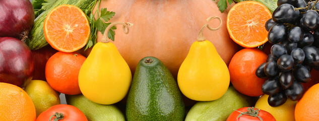 Colorful fruits and vegetables arranged in a vibrant background banner.