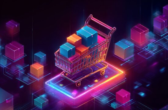 Futuristic Shopping Cart Filled with Virtual Boxes on Holographic Platform