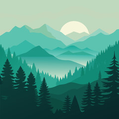 Fototapeta premium mountain landscape with trees, a vector of a landscape featuring a mountain range and a forest of evergreen trees under a rising or setting sun