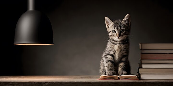 Playful Tabby Cat Sitting Next to Open Book Under Lamp Light