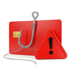 Credit Card Fraud Warning:  Red 3D Render of Hook, Card, and Exclamation Point.