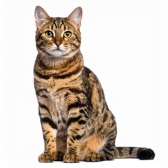 Obraz premium Majestic tabby cat sits attentively, showcasing striking stripes and intelligent golden eyes