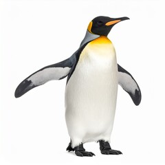 Majestic king penguin standing proudly with wings spread wide against a clean white background