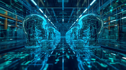 Abstract digital art of glowing blue human heads in a futuristic technological tunnel