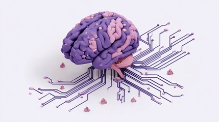 A surreal, conceptual image depicting a brain rendered in soft, textured purple and light pink clay, appearing as if hand-sculpted, with subtle indentations and smooth curves .