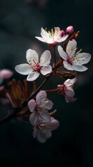 Cherry blossoms emerging from darkness, selective focus, soft rim lighting, moody poetic atmosphere