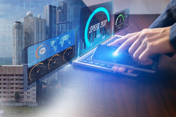 fast internet connection speedtest network bandwidth technology Man using high speed internet with smartphone and laptop computer. 5G quality, speed optimization.