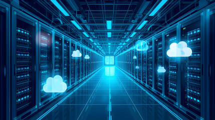 Futuristic glowing server room with digital icons representing cloud computing and data