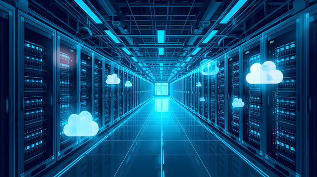 Futuristic glowing server room with digital icons representing cloud computing and data