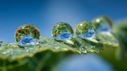 Close-up of green leaf with water drops shaped like miniature globes, reflecting blue sky and sunlight