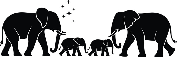 Elephant family silhouette vector illustration, wild animal design, safari wildlife art, nature clipart, mother and baby elephants, herd walking, jungle, savanna, Africa