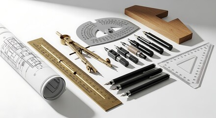 Architectural design tools arrayed on a white surface showcasing precision and technical drawing