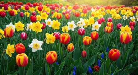 A vibrant field of tulips and daffodils in springtime, showcasing a spectrum of colors.