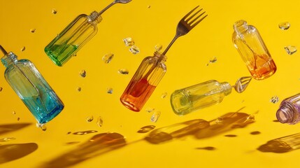 Colorful glass bottles and forks tumbling in slow motion against a bright yellow backdrop, crystal reflections