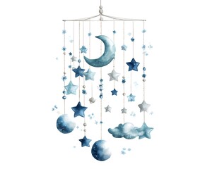 Whimsical watercolor baby mobile with moon stars and clouds for nursery decor