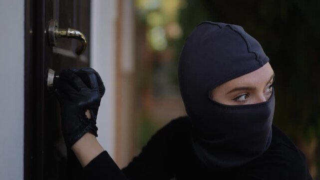 A masked figure is attempting to pick a lock in a dimly lit space, hinting at possible illicit activity