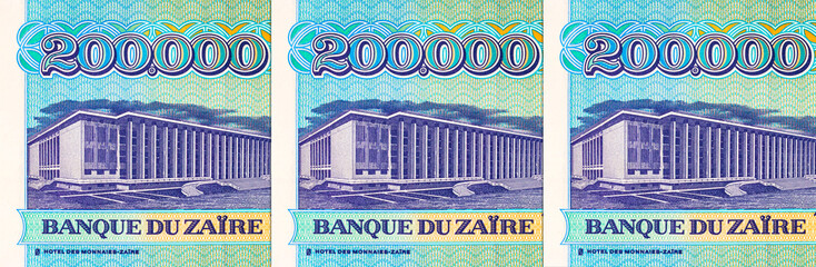 200000 Zaires, Zaire, 1992 with the image of the hotel des monnaies in Zaire. Vintage paper money of Zaire.
