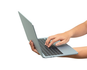 Side view of hands using modern laptop with customizable blank screen. Isolated on transparent PNG. Concept for technology, business, finance and advertising.