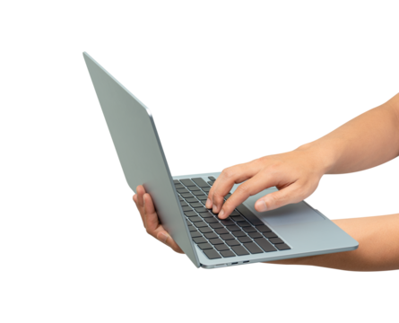Side view of hands using modern laptop with customizable blank screen. Isolated on transparent PNG. Concept for technology, business, finance and advertising.