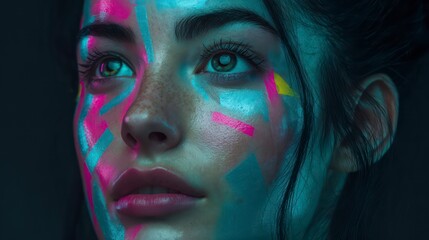 Conceptual portrait of a young woman with striking model features, painted geometric shapes