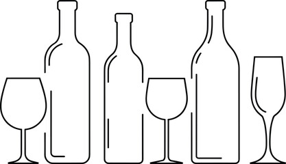 Minimalist wine bottles and glasses line art illustration, elegant black outline drawing, modern bar design, vector graphic for restaurant, celebration, and drinks concept.