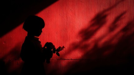 Dark silhouette of a child holding a toy, shadow cast on a blood-red wall, unsettling atmospheric tension