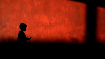 Dark silhouette of a child holding a toy, shadow cast on a blood-red wall, unsettling atmospheric tension