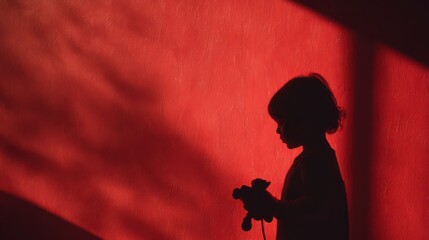 Dark silhouette of a child holding a toy, shadow cast on a blood-red wall, unsettling atmospheric tension