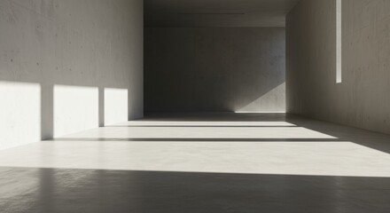 Fototapeta premium A sunlit, minimalist interior space showcases long shadows stretching across a light-colored concrete floor.