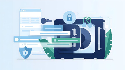 Digital security concept with padlock key shield and login forms