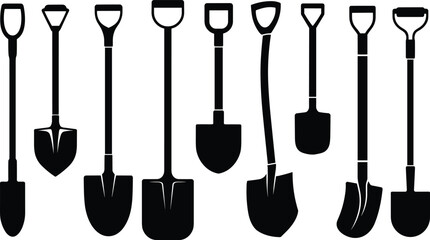 Shovel silhouette vector set, gardening tools illustration, spade and digging equipment design, farming and construction shovel collection, black tool shapes artwork