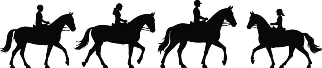 Silhouette horse riders vector illustration, horseback riding people, equestrian sport activity, black horse and rider design, outdoor riding silhouette clipart
