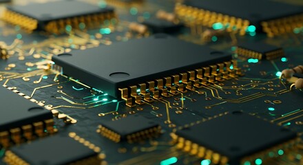 Close-up of Computer Microchip with Gold Pins on Dark Circuit Board
