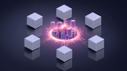 A central cluster of glowing city buildings surrounded by six metallic cubes, symbolizing a connected urban ecosystem or a smart city concept with surrounding infrastructure.