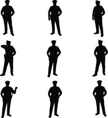 Silhouette vector illustration of multiple police officers standing in various poses wearing uniform, authority figure design for law enforcement, security, and justice