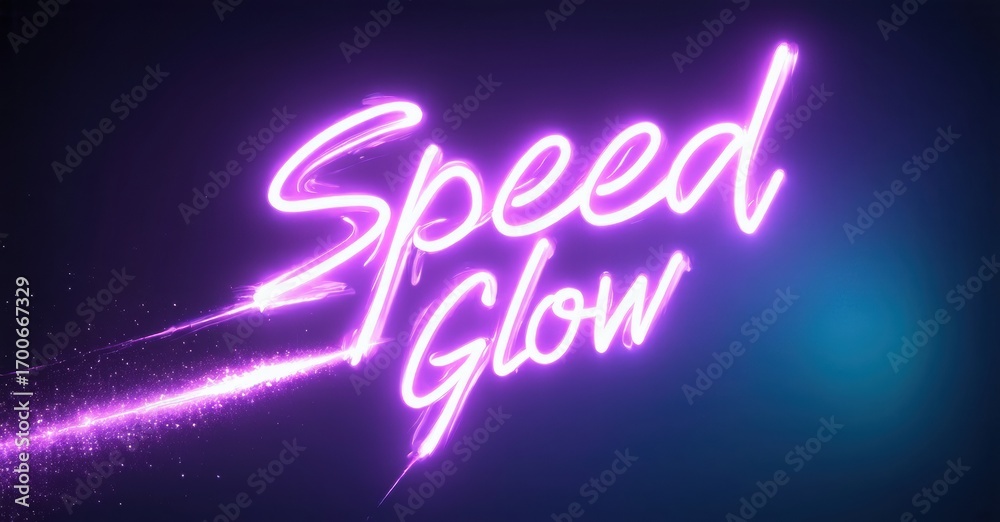 Wall mural bright neon text reads speed glow against dark purple background. streaks emanate from words, creati